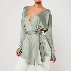 Missguided Sage Green Satin Wrap Blouse